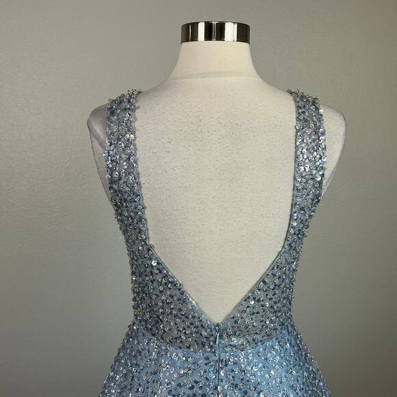 Betsy & Adam Sheer Sequined Backless Ball Gown Blue Size 4 Long Formal Dress - Picture 8 of 13